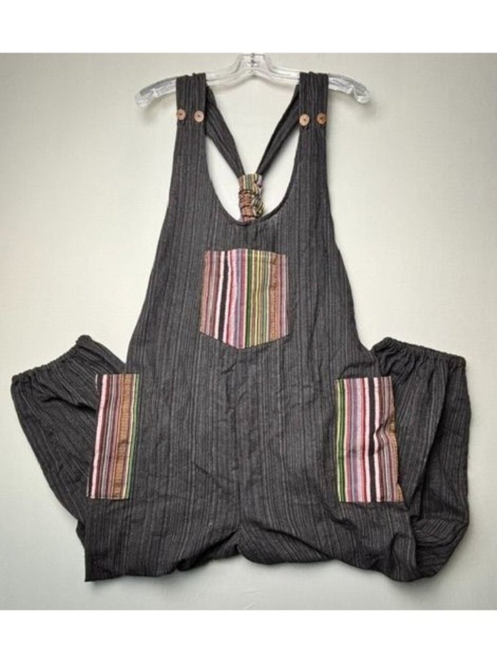 Boho Harem Jumpsuit Women's Gray Striped Patchwork Cotton Overalls One Size Fit